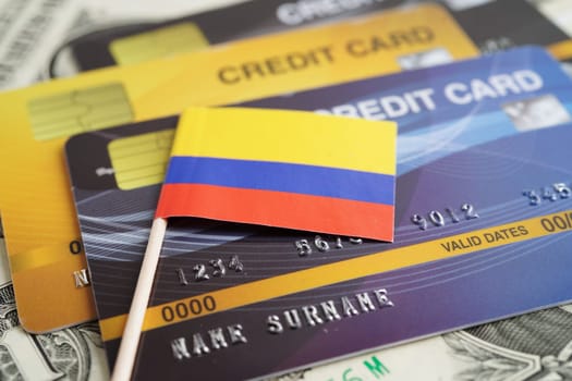 Colombia flag on credit card, finance economy trading shopping online business.