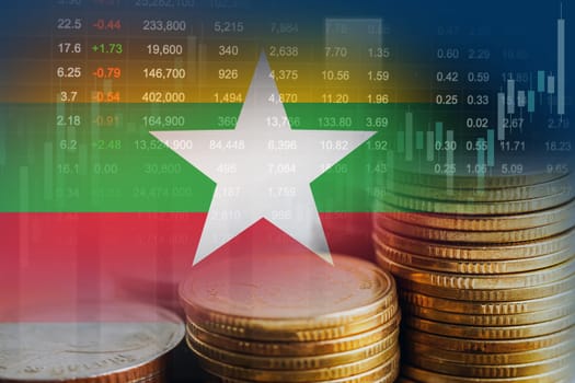 Myanmar flag with stock market finance, economy trend graph digital technology.
