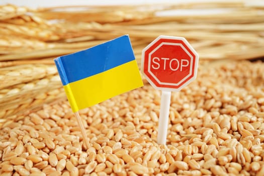 Ukraine flag on grain wheat, trade export and economy concept.