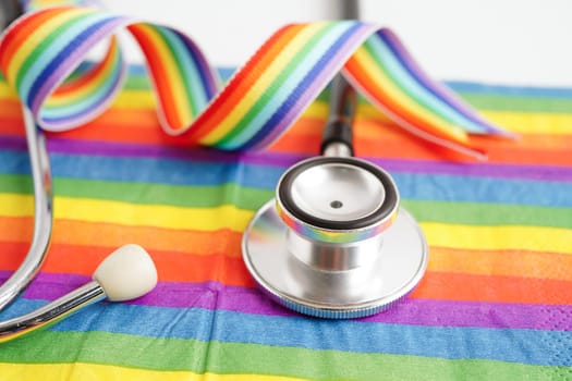 LGBT symbol, Stethoscope on rainbow flag, rights and gender equality, LGBT Pride Month in June.
