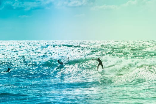 Extreme surfers riding some waves on the sea in France
