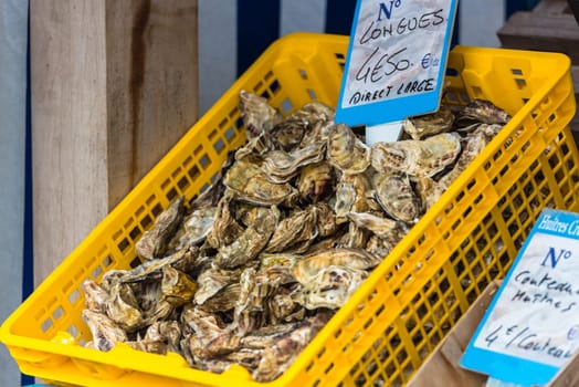 Oysters market in Cancale, Brittany, France. Shot with a selective focus