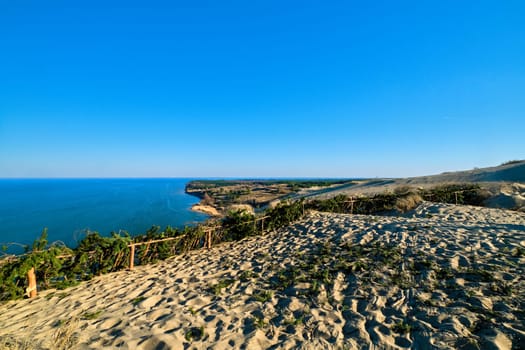 Landscape of Curonian spit, Nida, Klaipeda, Lithiania and Baltic sea. View of sand dunes, protective fences, pine branches, footprints, early spring flora.