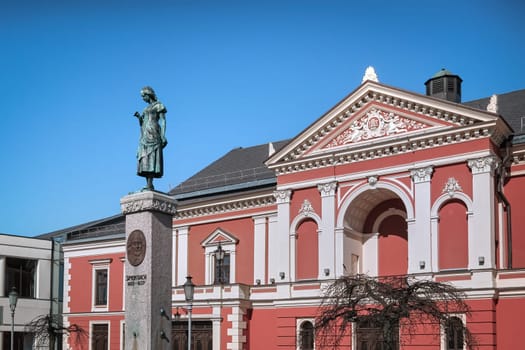 City drama theater in Klaipeda, Lithuania, where Adolf Hitler hold a speech and a monument to a German poet.