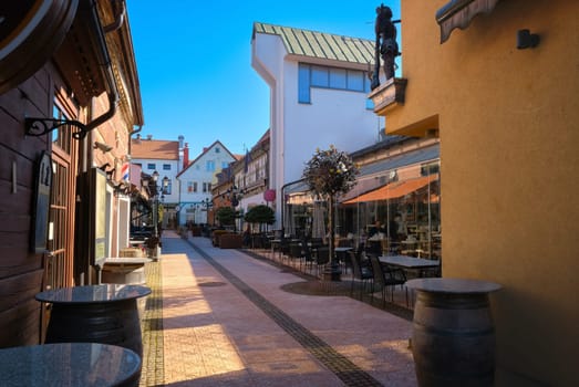Cobbled pavements of old town streets in Klaipeda, Lithuania on sunny day. Old buildings, houses, galleries, shops, restaurants.