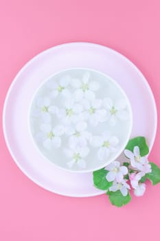 Creative flat lay concept top view of aroma bowl with water and white spring blossoming apple tree flowers on pastel pink paper background with copy space in minimal style, template for text