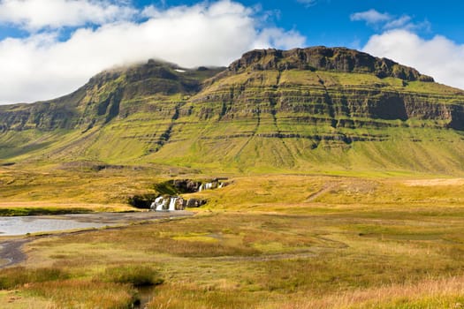 Western Icelandic mountain landscape under a blue summer sky. Snaefellsnes peninsula