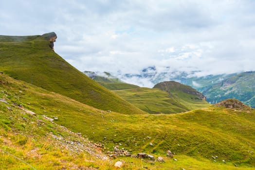 The Grossglockner high Alpine road area in overcast foggy weather