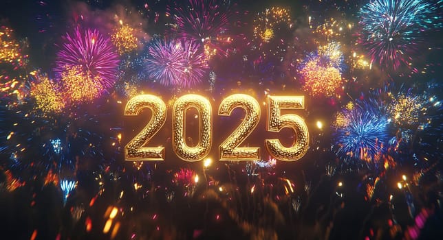 A vibrant fireworks display lights up the night sky, welcoming the New Year 2025 with colorful explosions and excitement.