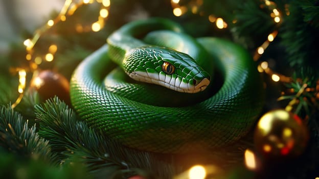 A vibrant green snake rests elegantly amidst Christmas ornaments and greenery, creating a striking holiday display.