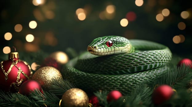 The green snake coils around colorful Christmas ornaments, blending with holiday greenery and twinkling lights.