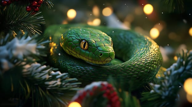 A vibrant green snake coils around Christmas tree branches adorned with festive lights, capturing a serene holiday moment.