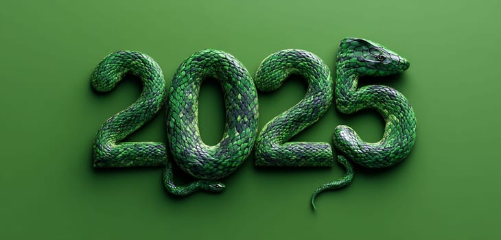 The design features a realistic green snake intricately shaped into the digits 2025, showcasing a striking visual for the upcoming year.
