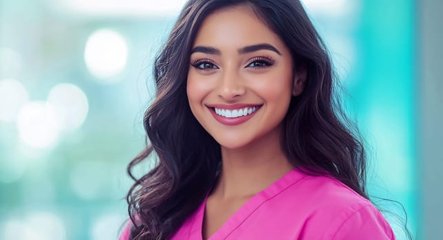 A friendly nurse, dressed in a vibrant pink uniform, beams with positivity in a sunny healthcare setting, exuding warmth and care.