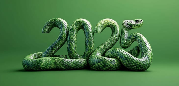 A green snake is intertwined with the numbers representing the year 2025, set against a vibrant green background.