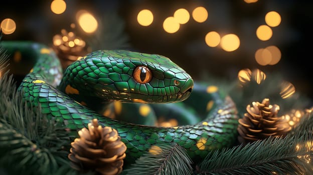 A striking green snake entwined in pine branches, illuminated by twinkling lights on a winter evening.