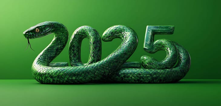 A green snake wraps around the bold number 2025, creating a powerful emblem of change and growth against a solid green backdrop.