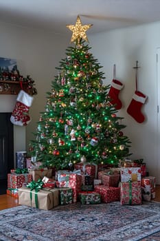 A Christmas tree adorned with ornaments and lights stands tall in a warm living room surrounded by colorful wrapped gifts.