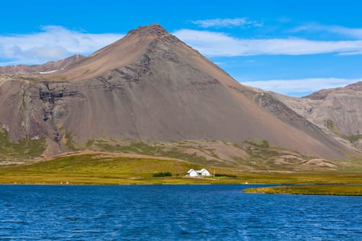 Western Icelandic mountain landscape under a blue summer sky. Snaefellsnes peninsula
