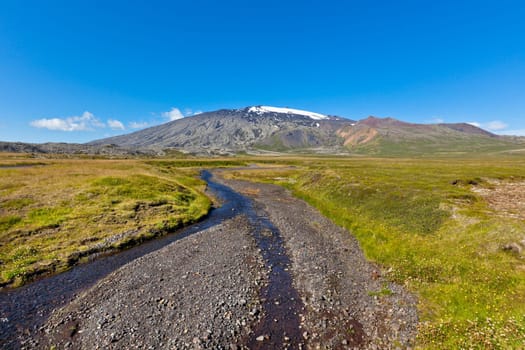 Summer Iceland Landscape with Mountains and Small River Stream. Horizontal shot