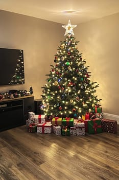 A festive living room features a Christmas tree adorned with lights and ornaments, surrounded by brightly wrapped gifts on the floor.