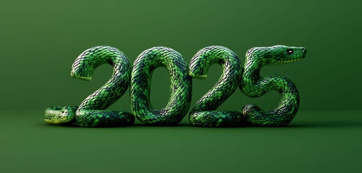 The numbers 2025 are creatively shaped with a green snake, set against a green backdrop, symbolizing the upcoming New Year.
