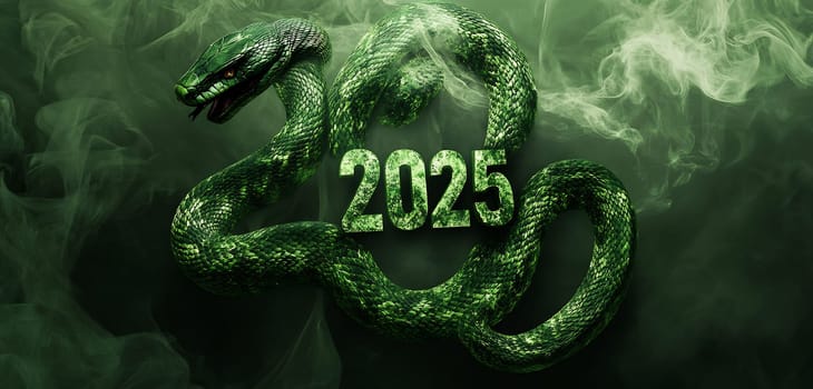 A green snake coils around the year 2025, surrounded by an ethereal mist, suggesting themes of transformation and future possibilities.