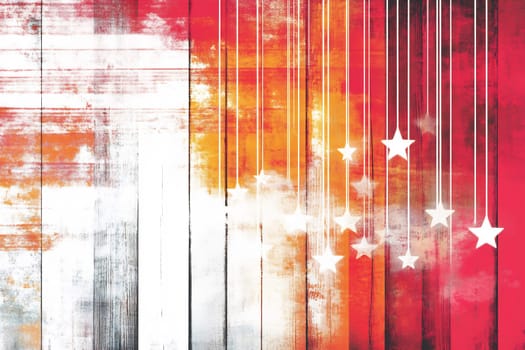 Colorful artwork featuring white stars suspended from strings against a backdrop of vivid red and orange hues, evoking warmth and passion.