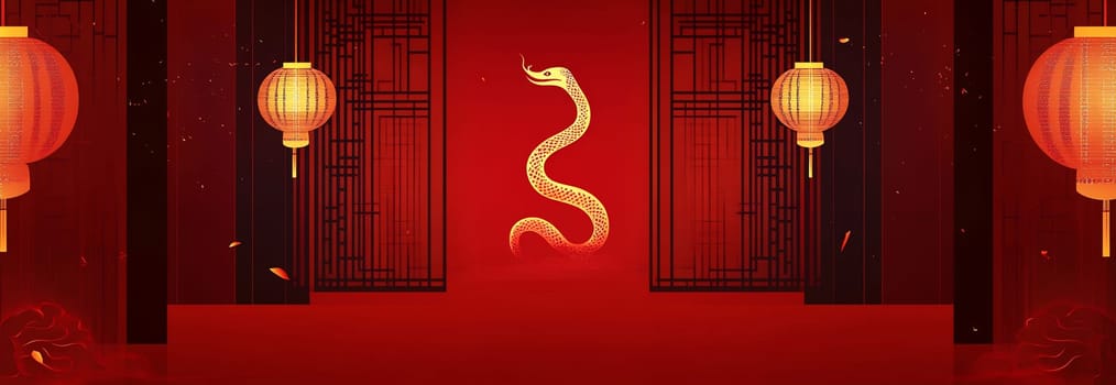 A golden snake moves elegantly in a vibrant red temple, illuminated by lanterns, creating a festive atmosphere filled with tradition.