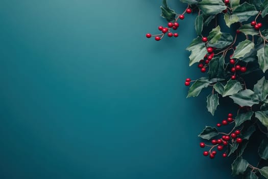 Bright holiday garlands featuring lush green leaves and vivid red berries are elegantly arranged on a solid teal background, creating a festive and cheerful atmosphere perfect for celebrations.
