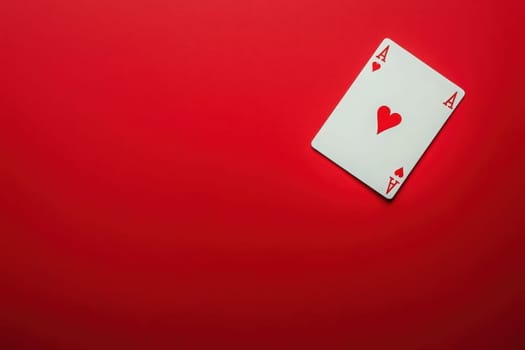 A playing card displaying the ace of hearts is prominently positioned on a clean red background, creating a striking visual ideal for card game lovers and design purposes.