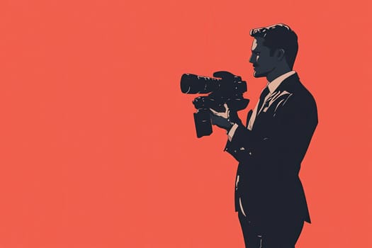A journalist stands poised with a camera, ready to capture a significant story. The design features a clean and minimalist aesthetic, emphasizing the subjects focus and dedication.