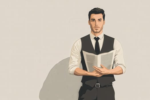 A well-dressed journalist stands with a report in hand, engaged in reading. The minimalist background emphasizes his focus on the task at hand, highlighting his professionalism and dedication.