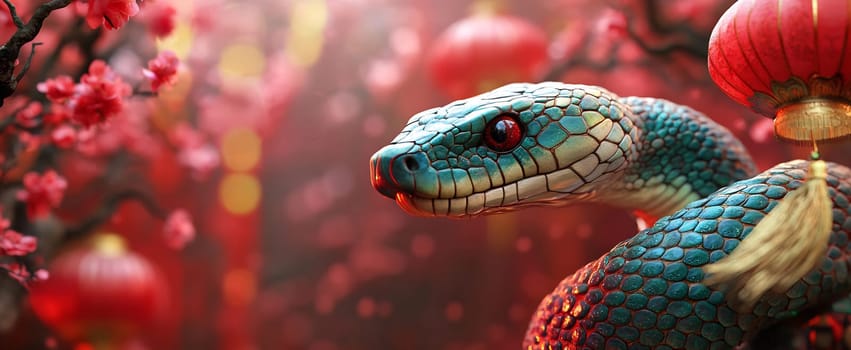 The green and blue snake rests among pink cherry blossoms and red lanterns, capturing the essence of spring festivities and nature.