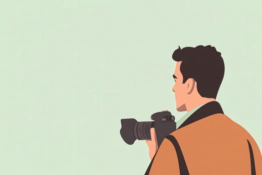 A journalist stands poised with his camera, ready to document a story. The clean backdrop emphasizes his determination and professional demeanor, illustrating the essence of his craft.