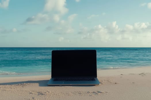 A sleek laptop sits on soft sand by the water, surrounded by a tranquil beach atmosphere. The gentle waves and clear sky create a serene backdrop for creativity and relaxation.