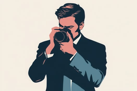 A journalist in a formal suit focuses intently on capturing an important moment with his camera, emphasizing his dedication to the craft of photography and storytelling in a minimalist setting.