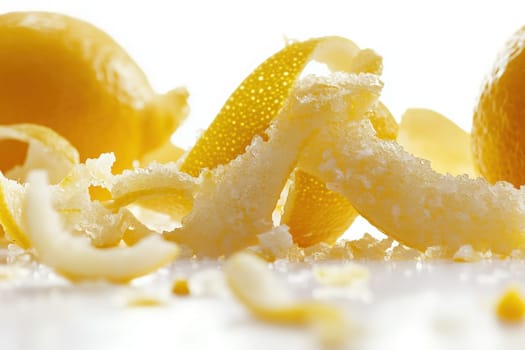 Vibrant yellow lemon zest sits in the center, surrounded by curled strands of peel, highlighting the fruits zest and aroma. Perfect for enhancing dishes with citrus flavor and fragrance.