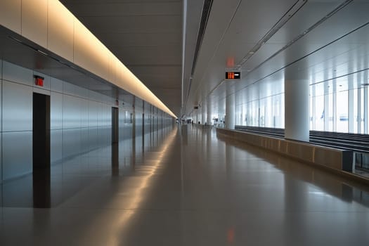 The international arrival terminal showcases a spacious and modern design, featuring a sleek hallway with polished surfaces reflecting bright lighting.