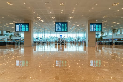 The terminal features wide-open spaces adorned with polished floors, showcasing multiple digital flight information boards.