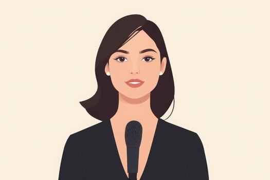 A poised journalist stands with a microphone, ready to present the news. The background features a simple, clean design that emphasizes her professionalism and focus.