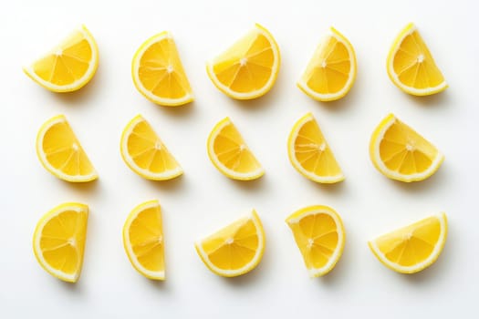 Lemon wedges are neatly arranged on a clean white surface, showcasing their vibrant yellow color and fresh appeal. Ideal for adding flavor to drinks and dishes.