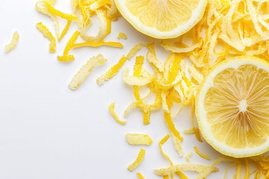 Vibrant yellow lemon zest is artfully arranged around halved lemons, highlighting their juicy flesh and aromatic zest. This fresh preparation adds a bright touch to culinary creations.