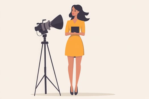 A journalist in a bright yellow dress holds a tablet while standing beside a professional camera on a tripod. The clean design emphasizes her role in reporting and storytelling.