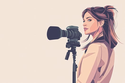 A focused journalist stands confidently beside her camera, ready to capture important moments. The minimalist backdrop enhances her dedication to storytelling through photography.