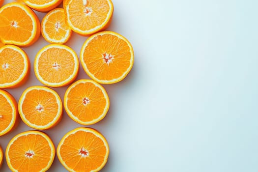 Bright and juicy oranges are beautifully sliced and arranged on a clean white background, showcasing their rich color and textures, perfect for refreshing recipes or healthy snacks.