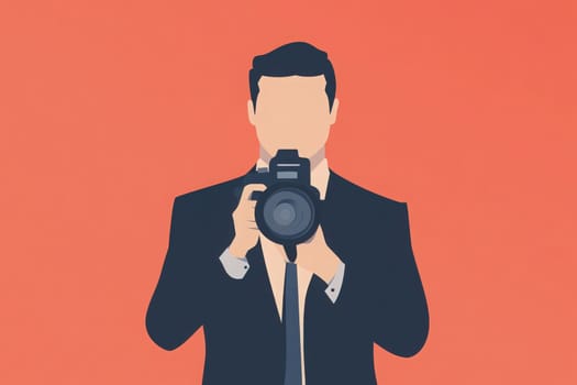 A professional journalist stands confidently in a formal suit, holding a camera ready to capture important moments in an event. The clean background accentuates the subjects focus on journalism.