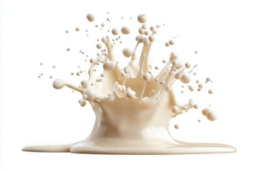 A rich splash of heavy cream bursts into droplets against a clean white background, showcasing its silky texture and fluid motion. The scene captures the essence of creamy indulgence.