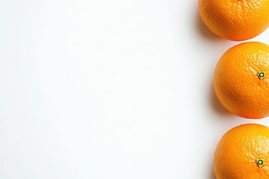 Three juicy oranges are neatly placed on a clean, solid white surface, highlighting their vibrant color and texture, perfect for showcasing freshness and vitality.