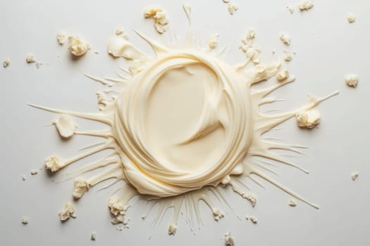 A creamy splash of heavy cream is artistically presented on a stark white background, emphasizing its rich texture and the dynamic spread across the surface.